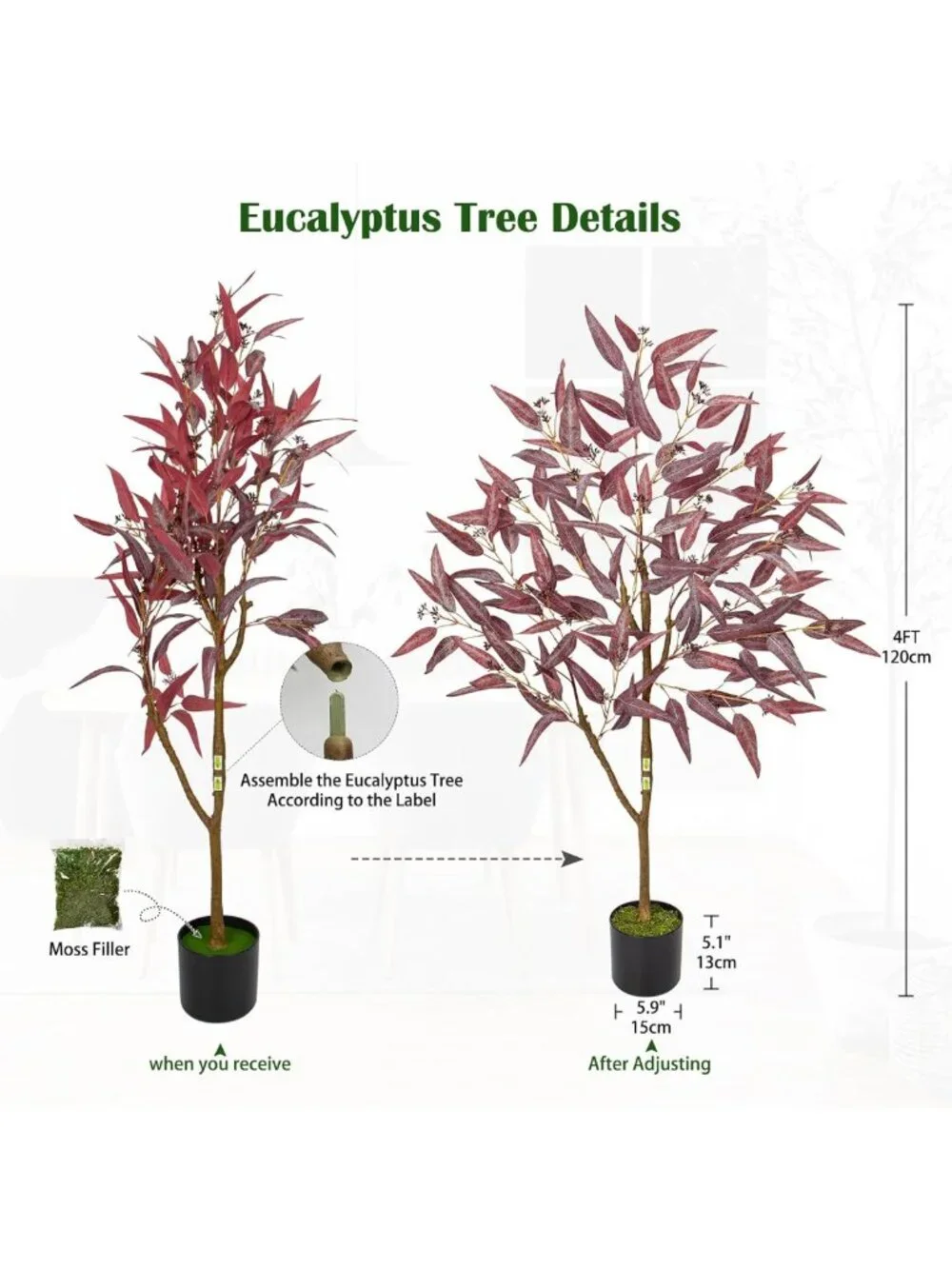 4ft Realistic Eucalyptus Tree - Silk Potted Floor Plant for Fall Decor, Burgundy